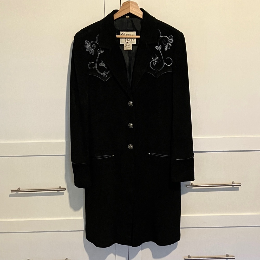 Cripple Creek Vintage Full Length Black Suede Leather Coat, L